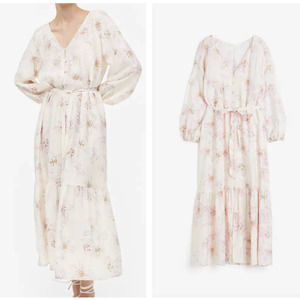 H&M Floral Button Front Belted Dress Pink Ivory Bohemian {PP29}